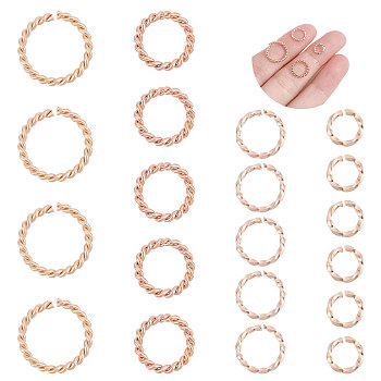 60Pcs 4 Styles 304 Stainless Steel Jump Rings, Open Jump Rings, Twisted, Rose Gold, 6~12x1~1.5mm, Inner Diameter: 4~9mm, 15pcs/style