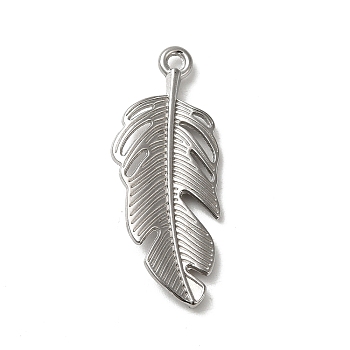 304 Stainless Steel Pendants, Feather Charm, Stainless Steel Color, 34x13.5x2.5mm, Hole: 1.6mm