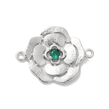 Brass Pave Glass Connector Charms, Flower Links, Real Platinum Plated, Green, 17x22.5x3mm, Hole: 1.4mm