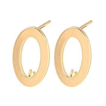 Rack Plating Brass Stud Earring Findings, with Vertical Loops, Hollow Oval, Real 18K Gold Plated, 15.5x9.5mm, Hole: 2.5mm, Pin: 0.8mm