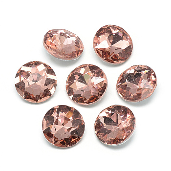 Pointed Back Glass Rhinestone Cabochons, Back Plated, Faceted, Flat Round, Dark Salmon, 14x5.8mm