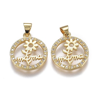 Real 18K Gold Plated Clear Flat Round Brass+Cubic Zirconia Pendants