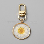 Epoxy Resin Pendant Decorations, with Dried Flower inside and Light Gold Tone Alloy Swivel Clasps, Flat Round, White, 6.6cm, Pendant: 32.5x29.5x2.2mm(KEYC-WH0027-92C)
