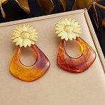 304 Stainless Steel & Resin Stud Dangle Earrings for Women, Flower, Golden, Teardrop, 65x35mm(SA-CBA717A-01G-02)