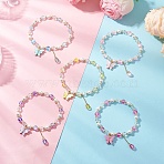 5Pcs Frosted Dyed Synthetic Moonstone & Shell Pearl Round Beads Stretch Bracelets, Alloy Acrylic Butterfly Charm Bracelets for Women, Mixed Color, Inner Diameter: 2-1/8 inch(5.5cm)(BJEW-JB11822)
