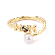 Mom Heart Cubic Zirconia Cuff Ring for Mother's Day, Real 18K Gold Plated Brass Open Ring with Imitation Pearl, Cadmium Free & Lead Free, Colorful, US Size 7 1/4(17.5mm)(RJEW-C004-15-RS)