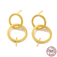 Double Rings 925 Sterling Silver Dangle Stud Earring Findings, for Half Drilled Beads, with S925 Stamp, Real 18K Gold Plated, 22x10mm, Pin: 10.5x0.7mm and 0.7mm(STER-Q192-27G-1)