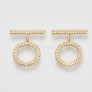 Brass Toggle Clasps, Golden, Round Ring with Leaf Pattern, Nickel Free, 25mm Long, Bar: 21x5x2mm, Hole: 1.2mm, Ring: 18x16x2mm, Hole: 1.2mm, Jump Ring: 5x3x1mm, jump ring: 5x3x1mm(X-KK-N216-43)