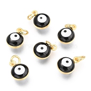 Brass Enamel Charms, Real 18K Gold Plated, Long-Lasting Plated, with Jump Ring, Evil Eye, Black, 9.5x6.5x4.5mm, Hole: 2.5mm(KK-B024-02G-D)