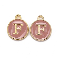 Golden Plated Alloy Enamel Charms, Cadmium Free & Lead Free, Enamelled Sequins, Flat Round with Letter, Pink, Letter.F, 14x12x2mm, Hole: 1.5mm(X-ENAM-S118-07F)