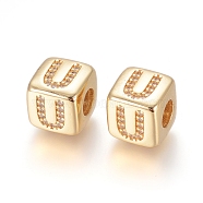 Brass Micro Pave Cubic Zirconia European Beads, Horizontal Hole, Large Hole Beads, Long-Lasting Plated, Cube with Letter, Golden, Clear, Letter.U, 9x9x9.5mm, Hole: 4.5mm(ZIRC-G162-13G-U)