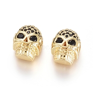 Brass Micro Pave Cubic Zirconia Beads, Long-Lasting Plated, for Halloween, Skull Head, Black, Real 18K Gold Plated, 12.5x9.5x7mm, Hole: 2x2.5mm(ZIRC-G166-42G)