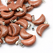 Moon Synthetic Goldstone Pendants, with Platinum Tone Brass Findings, 21~24x12~14x5~6mm, Hole: 2x7mm(G-Q369-09)