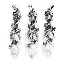 Natural Howlite Faceted Double Termimal Pointed Big Pendants, Hexagonal Prism Charms with Alloy Rose Wrapped, Antique Silver, 51~53x14x10.5mm, Hole: 4.5mm(G-P547-03AS-10A)