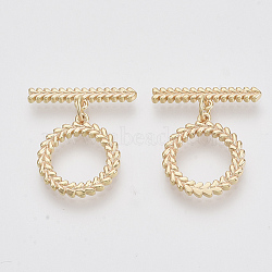 Brass Toggle Clasps, Golden, Round Ring with Leaf Pattern, Nickel Free, 25mm Long, Bar: 21x5x2mm, Hole: 1.2mm, Ring: 18x16x2mm, Hole: 1.2mm, Jump Ring: 5x3x1mm, jump ring: 5x3x1mm(X-KK-N216-43)