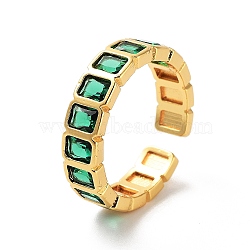 Rectangle Brass Micro Pave Cubic Zirconia Open Cuff Ring for Women, Golden, Green, 5mm, Adjustable(RJEW-Z044-04G-04)