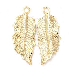 Rack Plating Brass Pendants, Cadmium Free & Lead Free, Leaf Charm, Real 24K Gold Plated, 32x12.5x1mm, Hole: 2mm(KK-M250-16G)