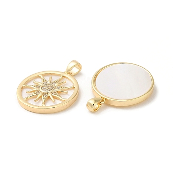 Natural White Shell Sun Pendants, Brass Micro Pave Clear Cubic Zirconia Flat Round Charms, Real 18K Gold Plated, 22x20x3mm, Hole: 3.5x2mm