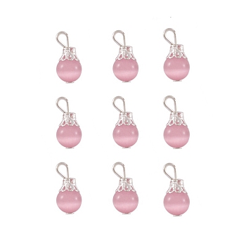 Cat Eye Pendants, with Silver Plated Iron Findings, Round, Pearl Pink, 15mm, Beads: 8mm