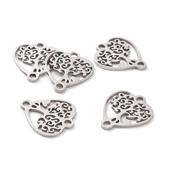201 Stainless Steel Links connectors, Tree of Life with Heart, Stainless Steel Color, 17.5x15x1mm, Hole: 1.5mm