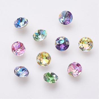 K9 Glass Rhinestone Cabochons, Shiny Laser Style, Imitation Austrian Crystal, Pointed Back & Back Plated, Faceted, Flat Round, Back Plated