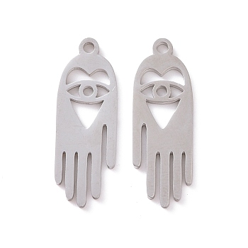 201 Stainless Steel Pendants, Hamsa Hand with Heart & Eye, Stainless Steel Color, 24x8.5x1mm, Hole: 1.5mm