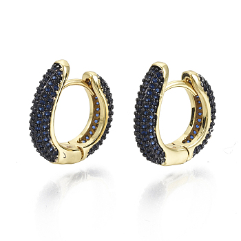 Brass Micro Pave Cubic Zirconia Huggie Hoop Earrings, Nickel Free, Ring, Real 16K Gold Plated, Blue, 19x18x4.5mm, Pin: 1mm