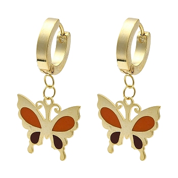 304 Stainless Steel Hoop Earrings, with Enamel, Jewely for Women, Butterfly, Red, Real 18K Gold Plated, 35x18mm