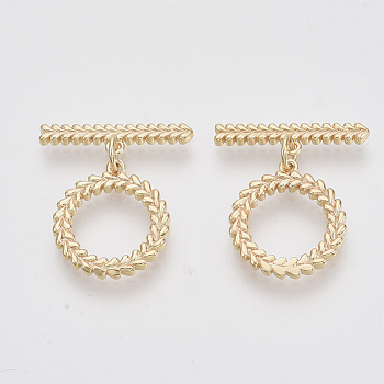 Brass Toggle Clasps, Golden, Round Ring with Leaf Pattern, Nickel Free, 25mm Long, Bar: 21x5x2mm, Hole: 1.2mm, Ring: 18x16x2mm, Hole: 1.2mm, Jump Ring: 5x3x1mm, jump ring: 5x3x1mm