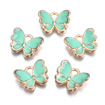 Alloy Enamel Charms, Butterfly, Light Gold, Aquamarine, 10.5x13x3mm, Hole: 2mm