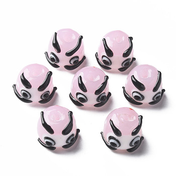 Handmade Lampwork Beads, Round with Cartoon Face, Pink, 12~13x14~16x14mm, Hole: 2mm