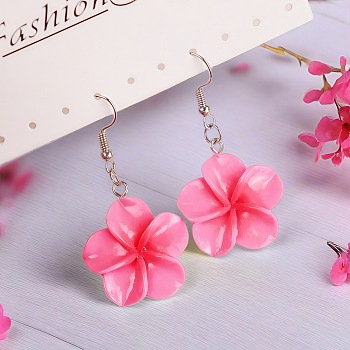 Flower Resin Dangle Earrings, with Steel Pins, Platinum, Hot Pink, 50x24mm