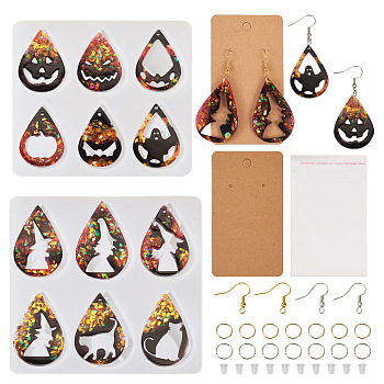 Pandahall 2Pcs 2 Style Halloween Teardrop Pendant Silicone Molds, with Brass Earring Hooks, Iron Jump Rings, Plastic Ear Nut, Paper Earring Card, for Earring Making, White, 84~103x95~109x5mm, Inner Diameter: 25~44x29~35mm, 1Pc/style
