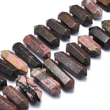 Natural Rhodonite Beads Strands, Faceted, Double Terminated Pointed/Bullet, 25~63x13~16x11~13.5mm, Hole: 1.6mm, about 21~22pcs/strand, 15.55 inch(39.5cm)