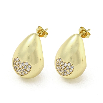 Brass with Cubic Zirconia Stud Earrings, Teardrop, Golden, 21x14mm