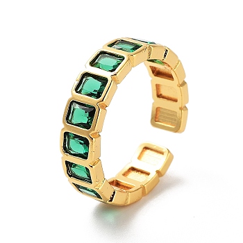 Rectangle Brass Micro Pave Cubic Zirconia Open Cuff Ring for Women, Golden, Green, 5mm, Adjustable