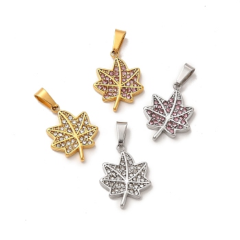 304 Stainless Steel Pendants, with Rhinestone, Maple Leaf Charm, Mixed Color, 18x14x2mm, Hole: 6x2.7mm