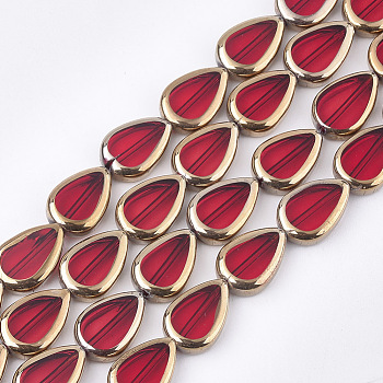Electroplate Glass Beads Strands, Edge Plated, Teardrop, Red, 16.5x11.5x5mm, Hole: 1mm, about 20pcs/strand, 12.9 inch