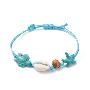 Adjustable Waxed Cotton Cord Braided Bracelets, with Cowrie Shell Beads, Wood Beads, Synthetic Turquoise(Dyed) Beads, Starfish/Sea Stars and Tortoise, Turquoise(Dyed), 3/4 inch(1.8cm)~2-3/4 inch(7cm)
