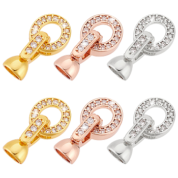 Elite 6Pcs 3 Colors Brass Micro Pave Clear Cubic Zirconia Fold Over Clasps, Ring, Mixed Color, Ring: 10x9x2.5mm, Clasp: 12x5.5mm, Inner Diameter: 4mm, 2pcs/color