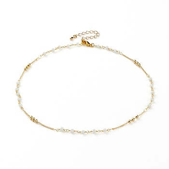 Faceted Glass Beaded Necklaces, with Brass Beads and Lobster Claw Clasps, Round, Real 18K Gold Plated, White, 15-5/8 inch(39.7cm)