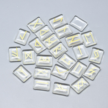Spray Painted Glass Cabochons, Rectangle with Runes/Futhark/Futhorc, Clear, 19~20x14~15x4.5~6mm, 25pcs/set