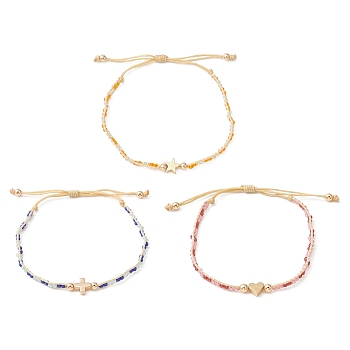 Star Cross Heart Adjustable Braided Bracelet Sets, Brass & Glass & TOHO Round Seed Beaded Bracelets, for Women, Mixed Shapes, Inner Diameter: 1-3/4~3 inch(4.6~7.5cm), 1pc/style, 3style, 3pcs/set