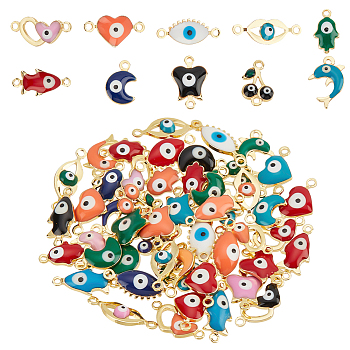 DIY Evil Eye Jewelry Making Finding Kit, Including Brass Enamel Charms & Connector Charms, Real 18K Gold Plated, Horse Eye & Fish & Cherry & Lip & Heart, Mixed Color, 5.5~16x6~16x3~3.5mm, Hole: 1.2~1.4mm, 60Pcs/box