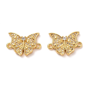 Brass Micro Pave Clear Cubic Zirconia Links Connectors, Long-Lasting Plated, Butterfly, Real 18K Gold Plated, 12x17.5x3.5mm, Hole: 1.4mm