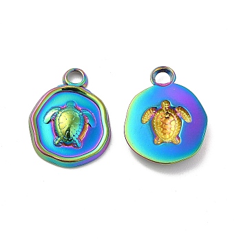 Ion Plating(IP) 304 Stainless Steel Pendants, Flat Round with Tortoise Charm, Rainbow Color, 16.5x13x2.5mm, Hole: 2mm