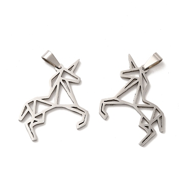 201 Stainless Steel Pendants, Unicorn Charm, Stainless Steel Color, 26x32x1.5mm, Hole: 6.5x3mm