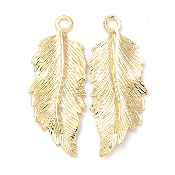 Rack Plating Brass Pendants, Cadmium Free & Lead Free, Leaf Charm, Real 24K Gold Plated, 32x12.5x1mm, Hole: 2mm
