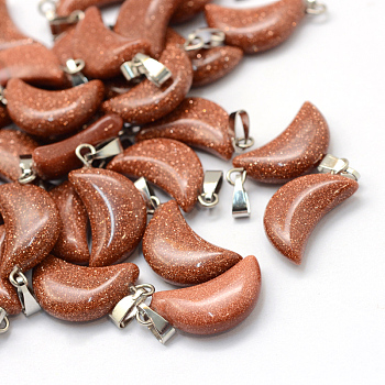 Moon Synthetic Goldstone Pendants, with Platinum Tone Brass Findings, 21~24x12~14x5~6mm, Hole: 2x7mm