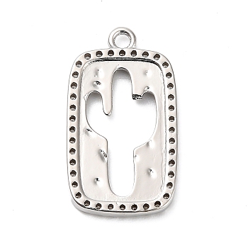 Brass Micro Pave Cubic Zirconia Pendants, Rectangle with Cactus Charms, Rack Plating, Long-Lasting Plated, Lead Free & Cadmium Free, Platinum, 23x13.5x2mm, Hole: 1.6mm